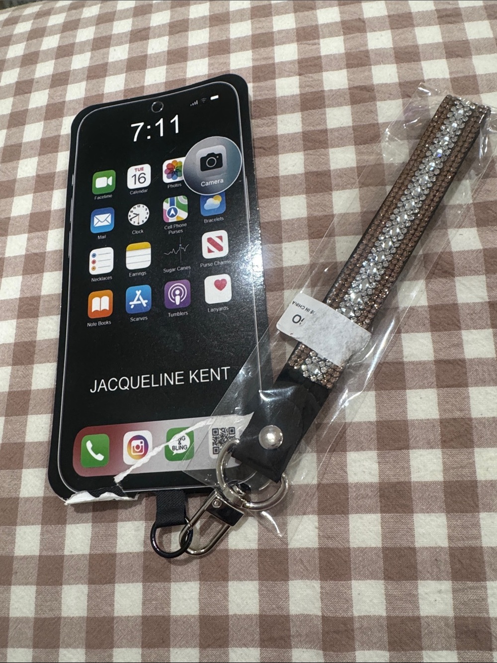 Beaded Wristlet Phone Keychain - Brown Crystal